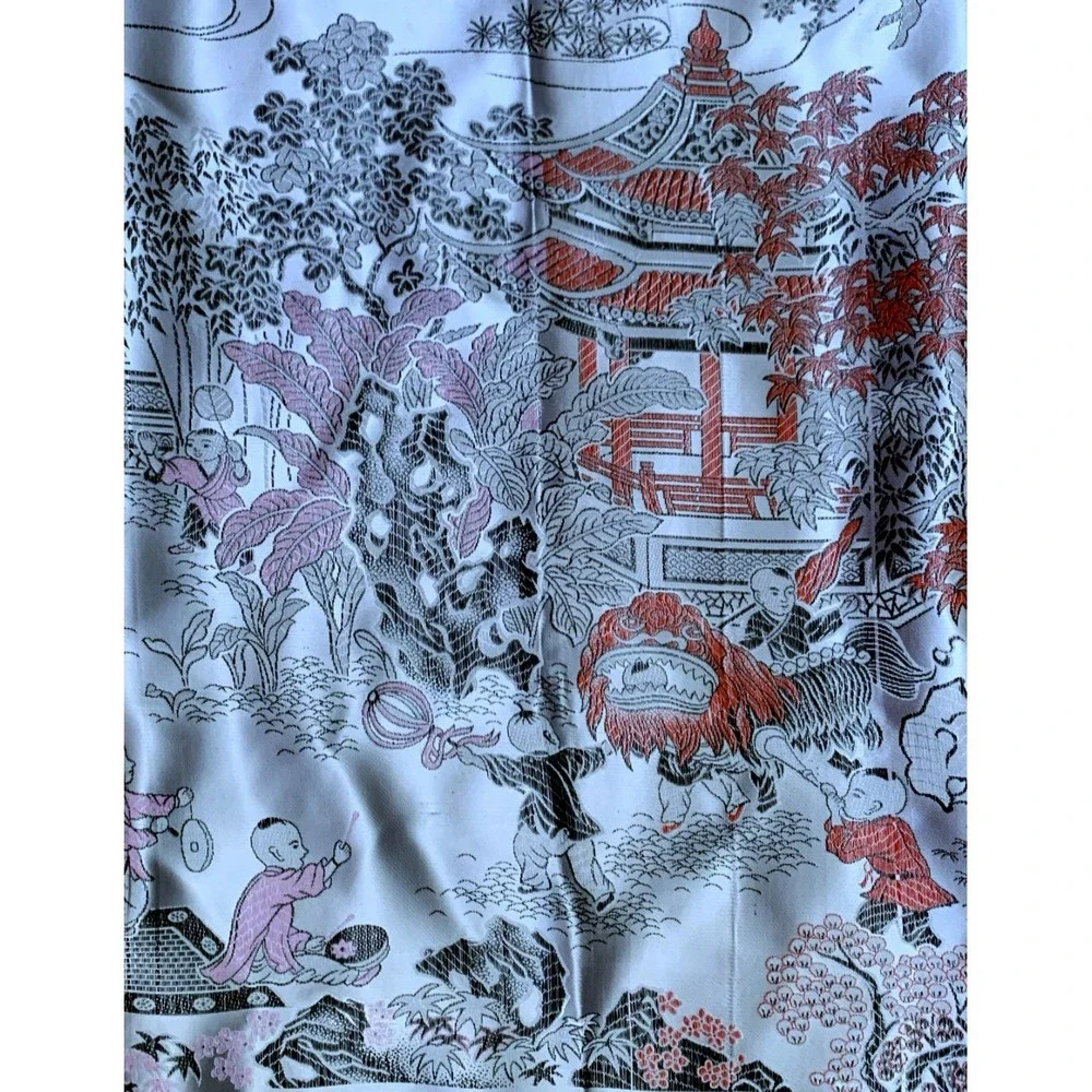 Vtg 1950's Chinese Silk Brocade Tablecloth Children at Play Dragon Parade 70x78